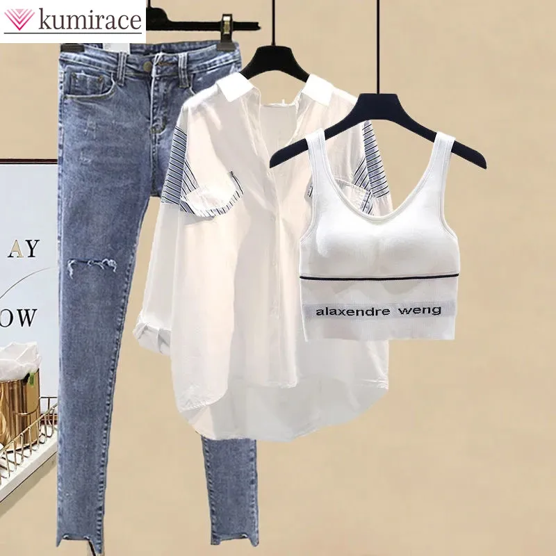 2022 Summer New Loose Casual Elegant Women's Pants Set White Shirt Vest Pierced Jeans Three Piece Set Female Blouse Tracksuit triangle earrings stainless steel jewelry 2022 custom name letter dangle gold pierced drop earrings for women personalized gifts