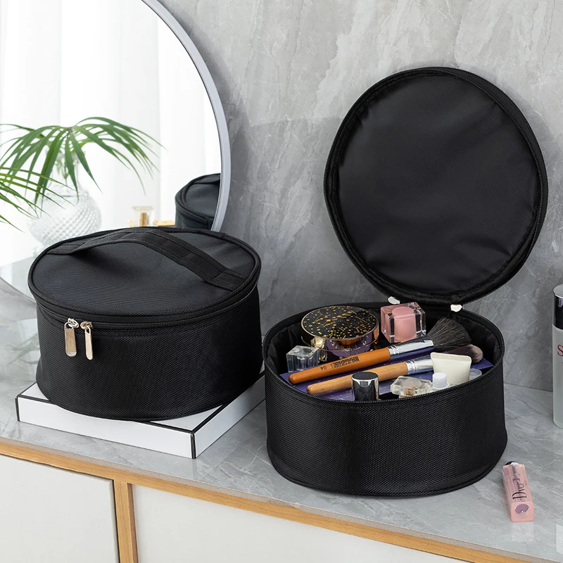 Women Round Comestic Bags Black Travel Makeup Boxes Waterproof