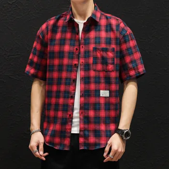 Mens Summer Port Style Loose Handsome Fashion Casual Plaid Short Sleeved Cardigan Shirt Mens Flannel Shirts Long Sleeve 2
