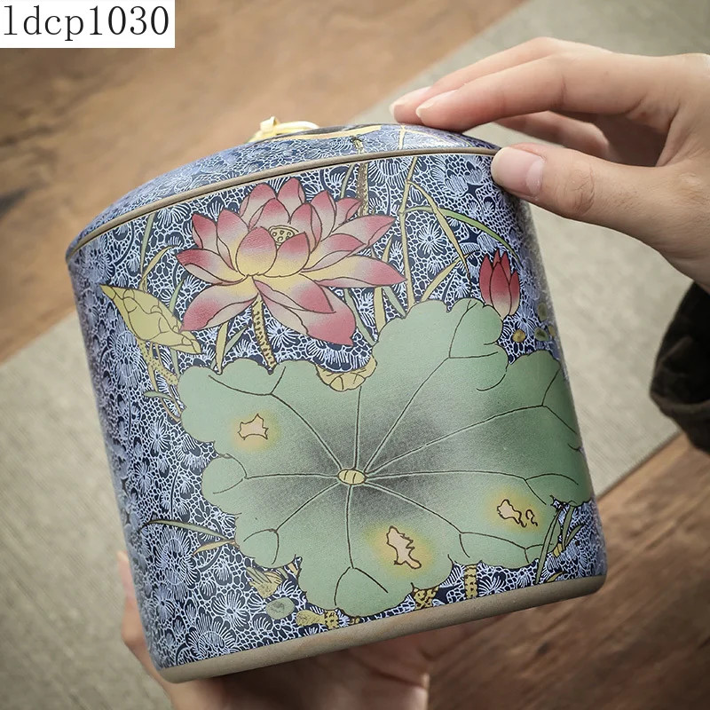 Chinese-style Tea Pot with Lid Moisture-proof Storage Tank Ceramic Sealed Storage Tank Home Retro Tea Box Living Room Decoration