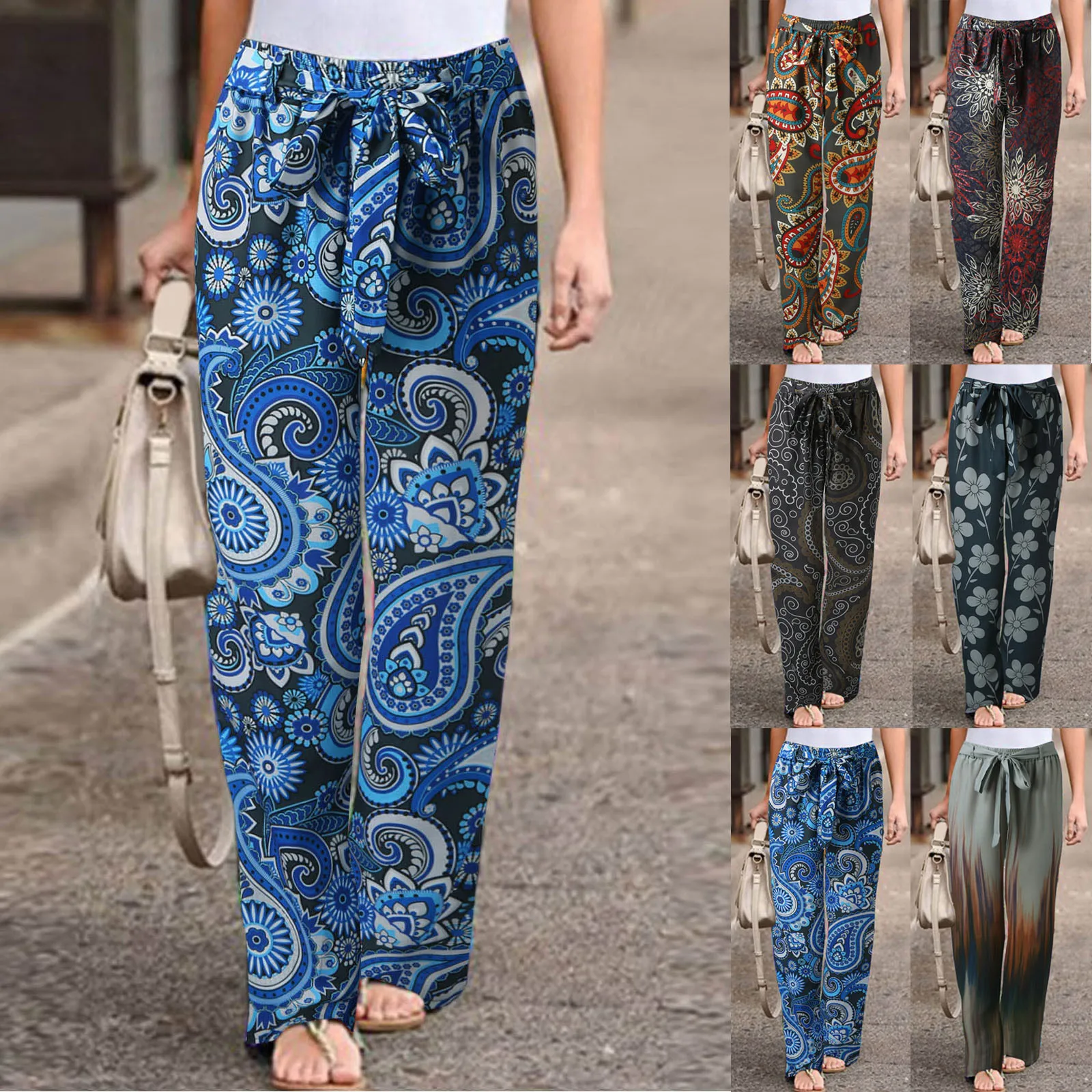 

Summer New Vintage Boho Wide Leg Pants 2022 High Waist Loose Floral Print Long Women Trousers Casual Lady Holiday Beach Pants