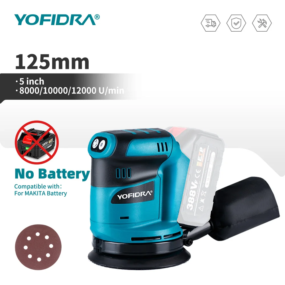 125MM Electric Orbital Sander Cordless Grinding Sanding Polishing Machine Woodworking Power Tool For 21V 18V Battery