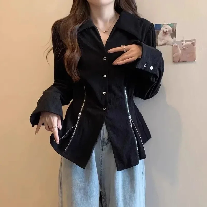 2023 Autumn New Women Clothing Fashion Slim Zipper Shirts Flare Pants 1 or 2 Piece Set Lady Casual Polo Collar Top Trousers Suit