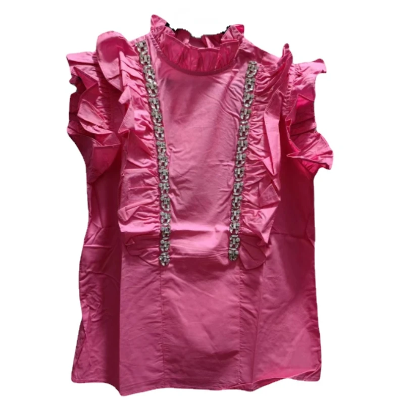 Women's Sleeveless Shirt Pink Top Studded Rhinestone Beaded Top Ruffles Patchwork Blouse 2024 Spring Summer Blusas Mujer hlj fashion luxury rhinestone hollow halter jumpsuits women sleeveless slim straight pants one piece playsuit spring new overall