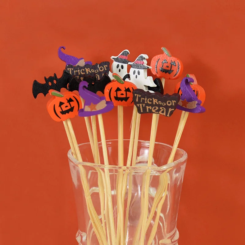 50/100PCS Halloween Bamboo Sticks Pumpkin Bat Pattern Buffet Cupcake Fruit Snack Fork Halloween Party Decorration Supplies fruit fork food picks bamboo sticks