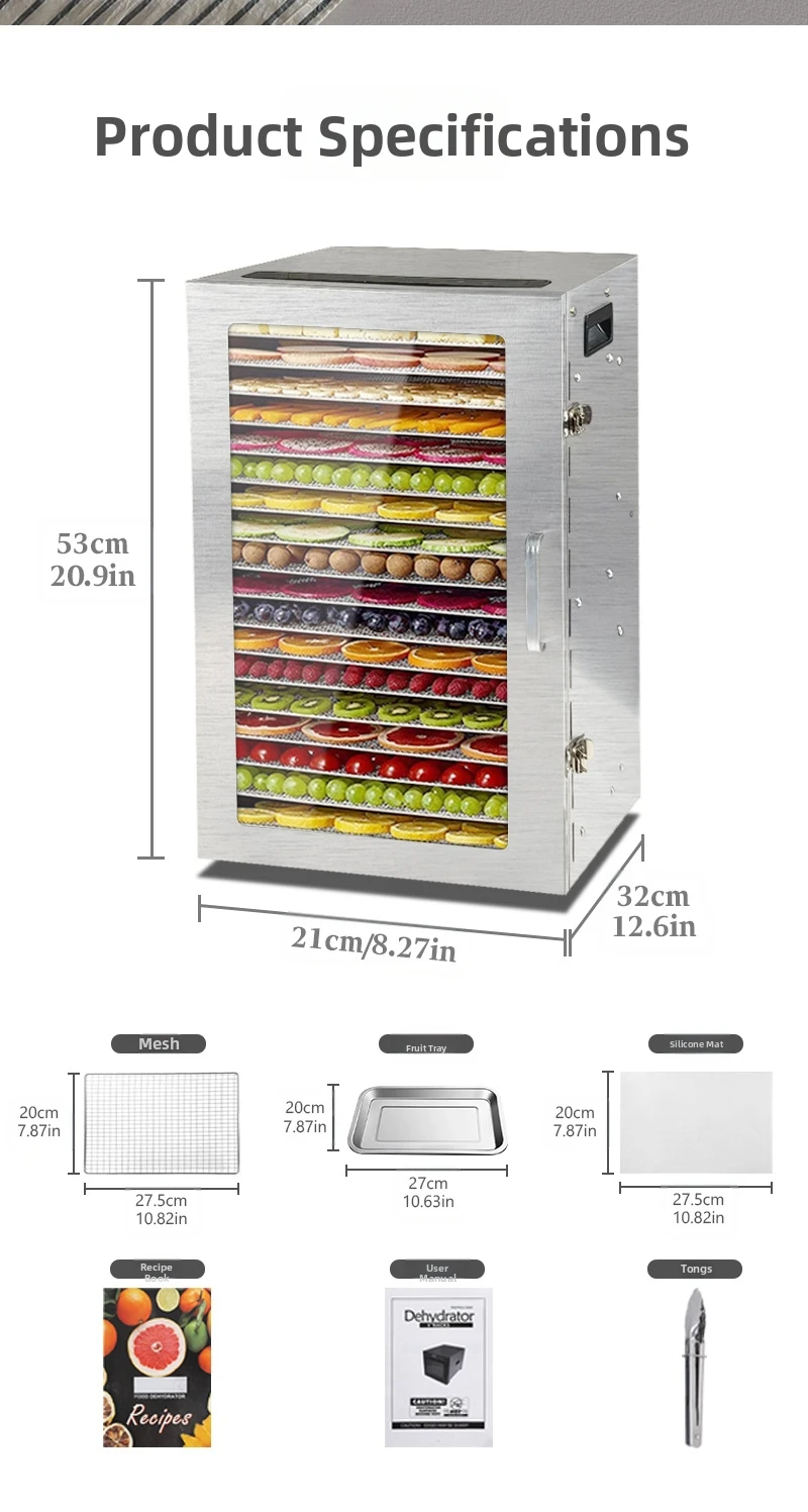 Dörrgerät mit 18 Fächern, handelsübliches Gehäuse aus Edelstahl 304, großes Fassungsvermögen für Kräuter/Obst/Fleisch, leise und niedrige Energie – Detail 6