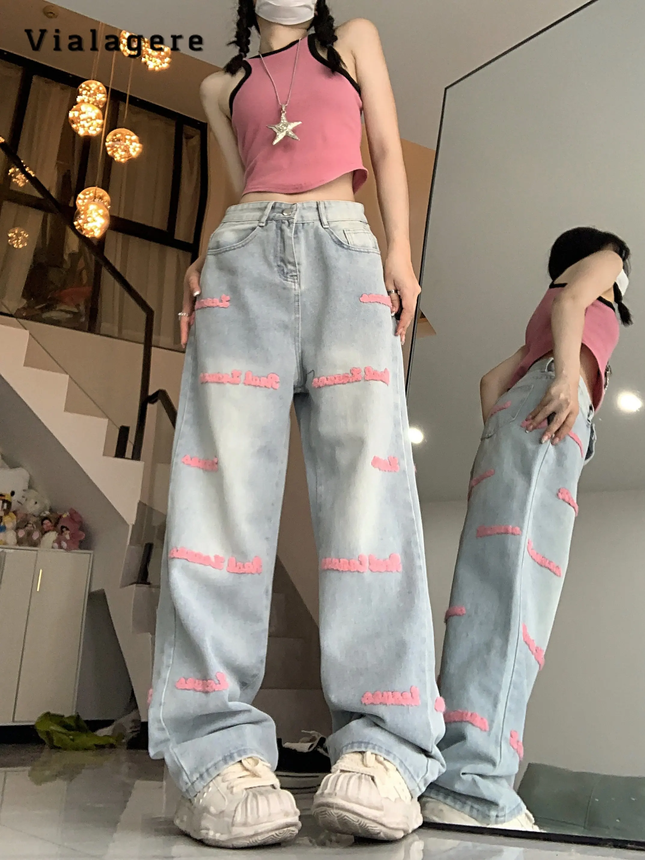 

Vintage Embroidery High Waist High Street Style Blue Straight Jeans Pants Korean Fashion Women Wide Leg Baggy Y2K Denim Trouser