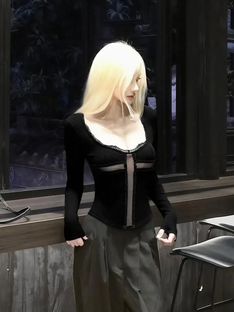 Seeslim Patchwork Cross Hollow Out Women's T-shirt Long Sleeve Gothic Spring Autumn Tops Tees Female Clothing 2000s Clothes Y2k 3