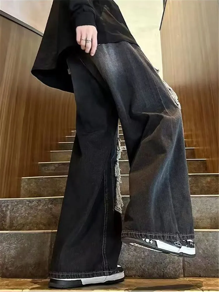 High Street Ripped Jeans Men's Solid Color Wide-leg Pants with Button Pockets Loose Hip Hop Trousers Fashion A151
