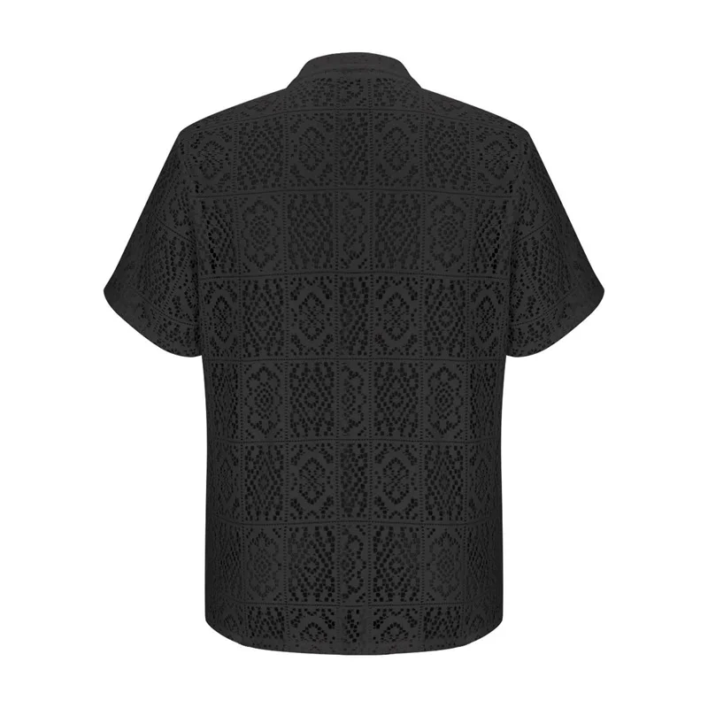 Men s Casual Short Sleeve Button Down Lace Shirts with Lapel Collar Hollow Out Design Solid Color Loose Fit Tops