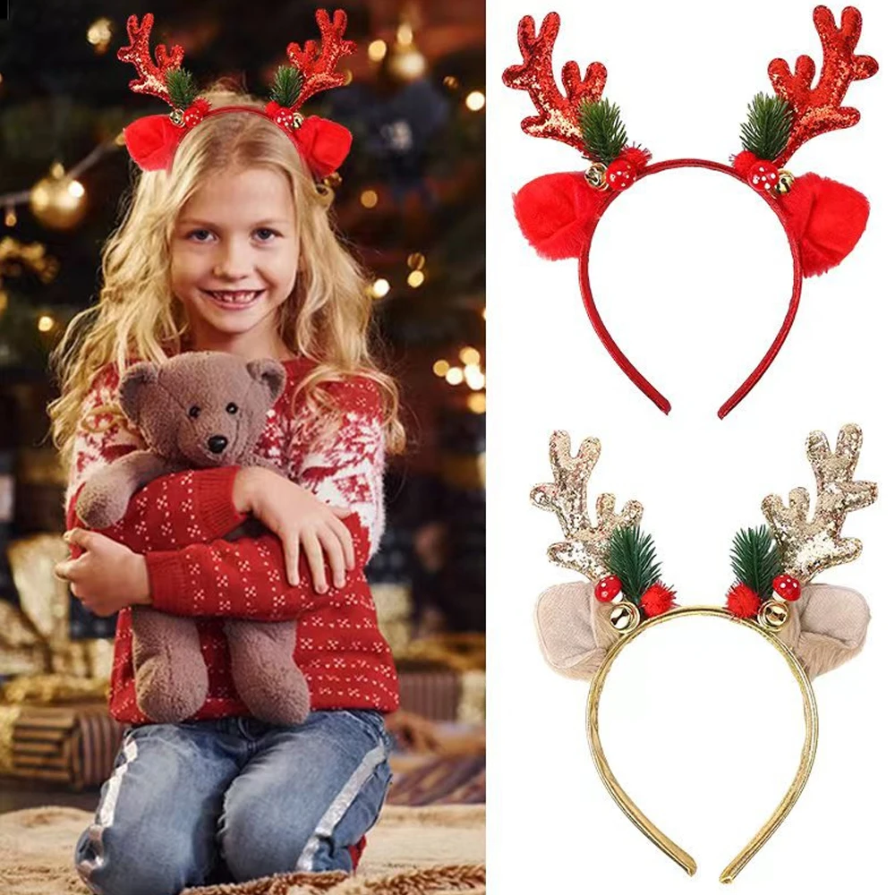 Christmas Headband Christmas Hair Band Merry Decor Gifts for Kids Xmas Elk Horn Bell Sequin Happy New Year Photo Props