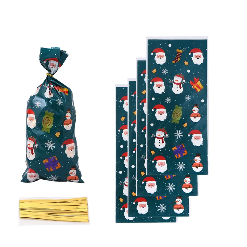 Christmas Gift Bags 50Pcs Merry Christmas Plastic Candy Cookie Bags Xmas Tree Snowflake Santa Claus Decorations