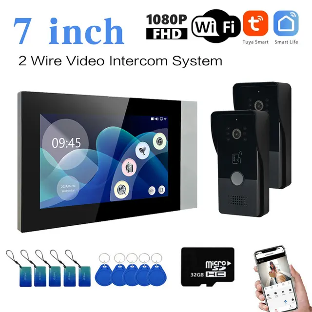 Two-Wire video Intercom System Tuya Wireless Wifi Video Intercom 1080P Video Doorphone 2PCS 7" Color Touch Screen Doorbell 2