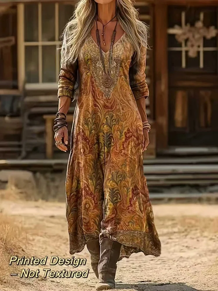 Women's Spring/Summer Vintage Ethnic Floral Art Print V-Neck Long Sleeve Dress, Bohemian Casual Midi Dress - Soft Stretchy Material