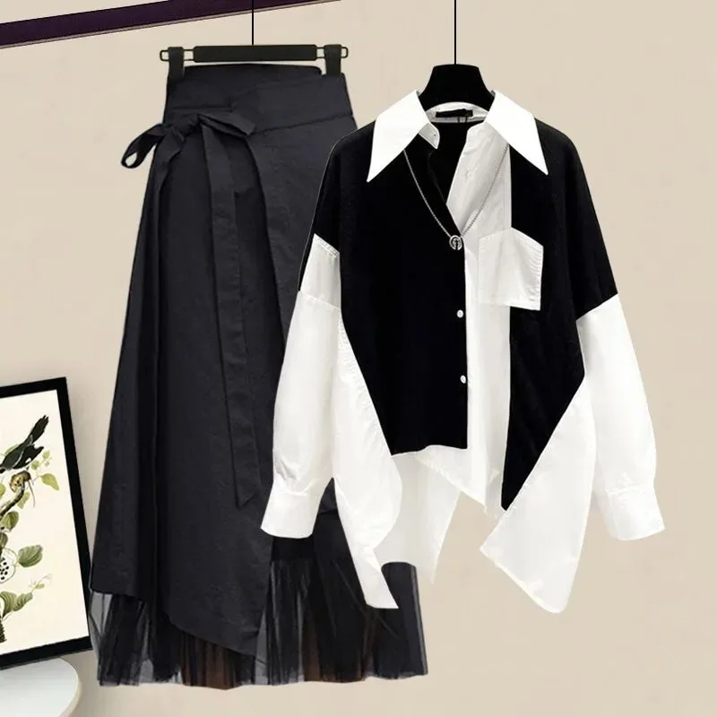 

Women Casual Two-piece Set Spring Autumn Oversized Outfits High Waist Lace Up Long Skirt+Spliced Design Shirt Top Trendy Suits