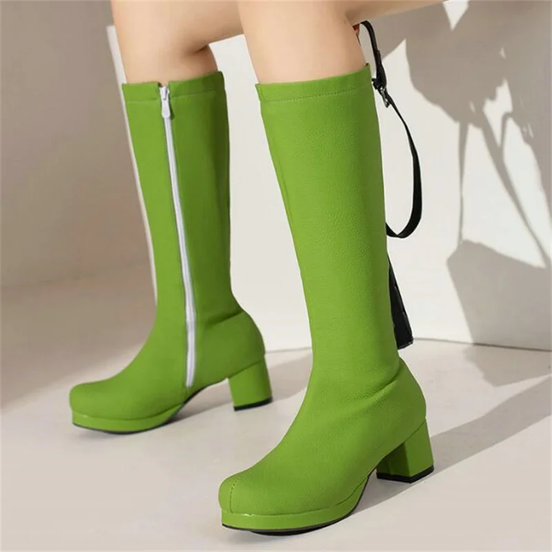 

Candy Color Women's Chunky Heel Knight Boots Square Toe Side Zip Knee High Martin Boots Luxury Designer Round Toe Booties