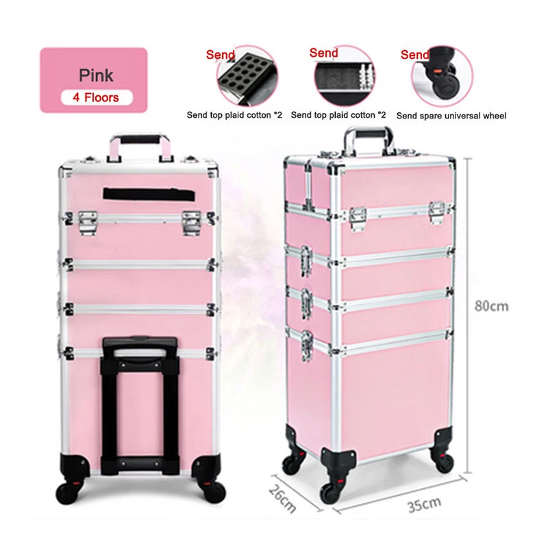 

4 Layers Pull Rod Toolbox Portable Cosmetics Organizer Removable Makeup Box With Universal Wheel Large Capacity Nail Art Storage