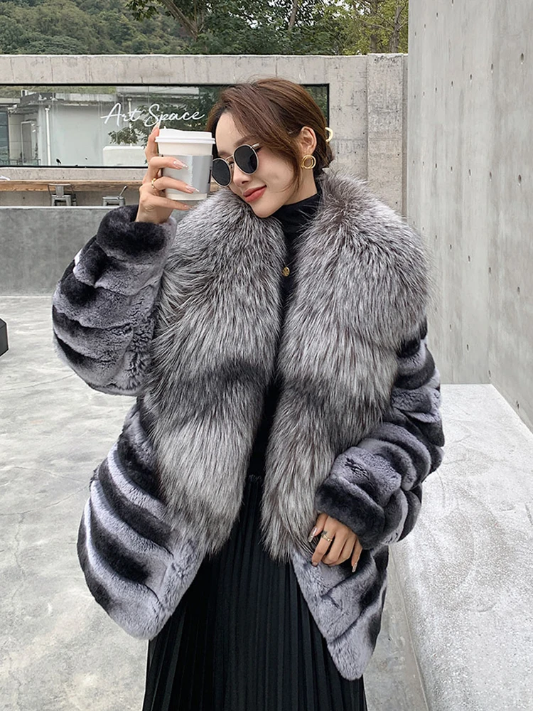 Fashion Women Real Rex Rabbit Fur Coats Long Natural Full Pelt Chinchilla Color Rabbit Fur Jackets With Real Fox Fur Collar Over
