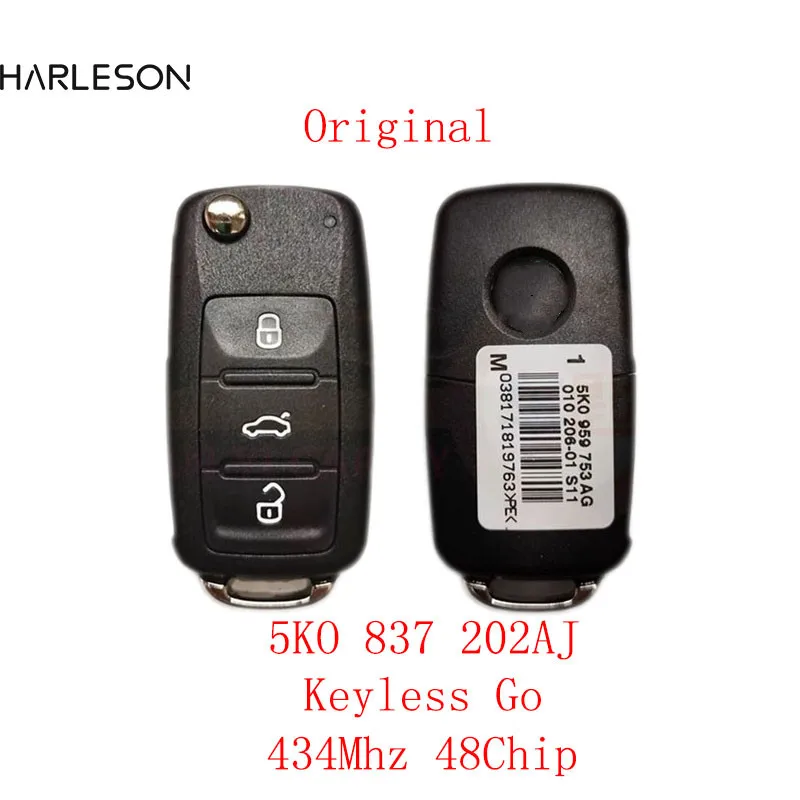 Original 5K0837202 AJ Keyless Go Flip Remote Car Key Fob 434MHz ID48 Chip  for VW Volkswagen Touareg Beetle Golf Jetta