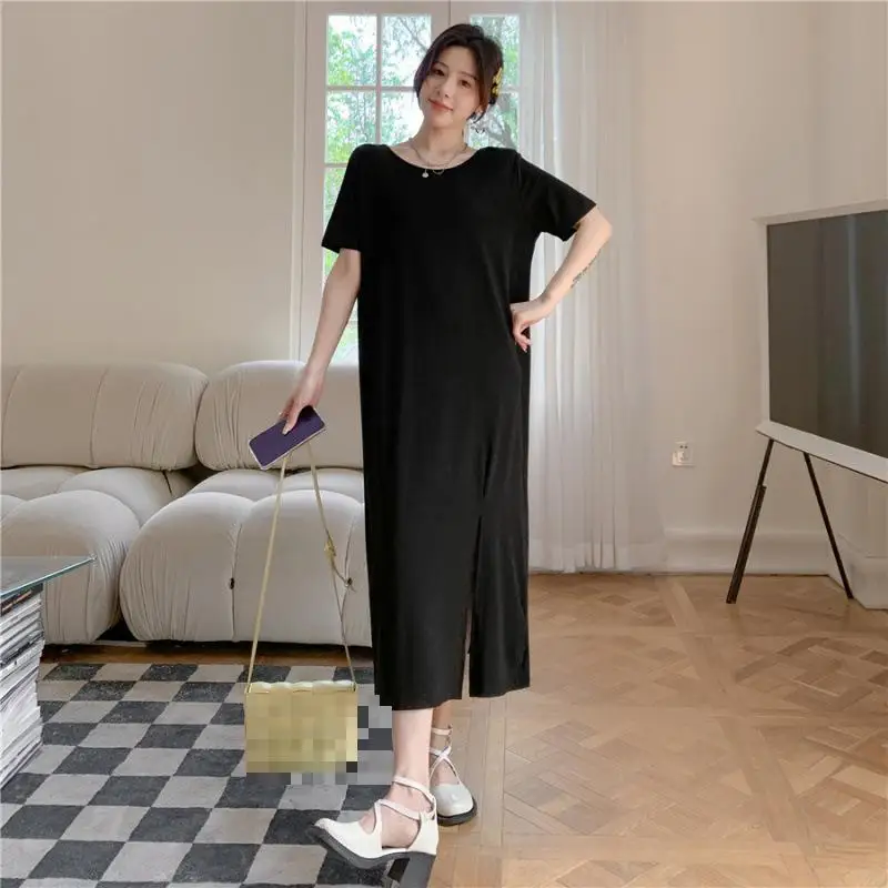 

2022 Summer New Korean Loose Thin Casual Simple Black Sexy Backless Slit Women Short Sleeved T-shirt Long Dress Free Shipping