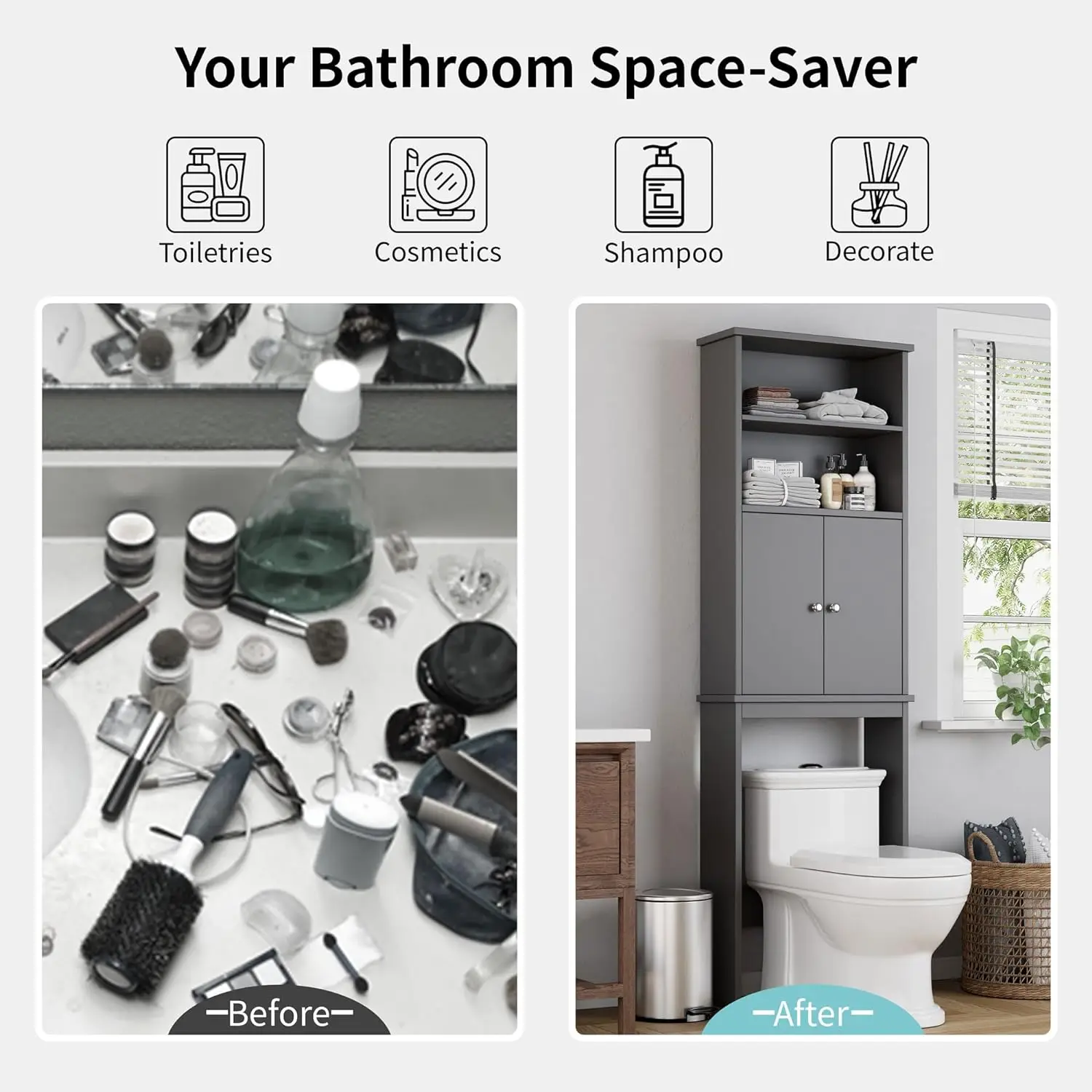 Over The Toilet Storage Cabinet, Bathroom Shelf Organizer with Anti-Tip Device Small Freestanding Space Saver, Black 5