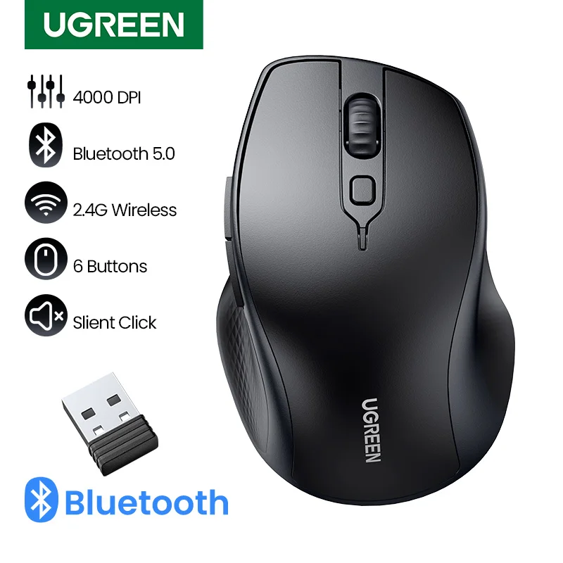 Ugreen Mouse sem Fio Bluetooth 5.0 Ergonômico 4000 Dpi Botões Mute para Macbook Tablet Computador Portátil 2.4g Rato Ratos