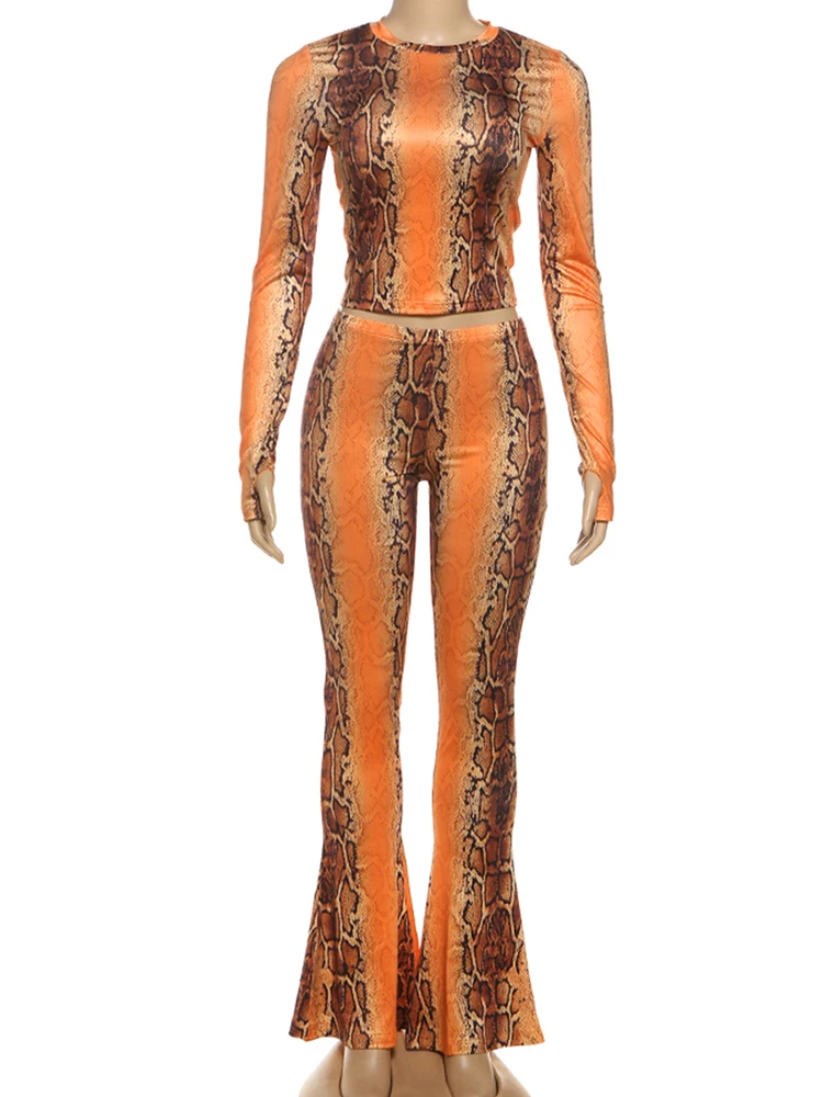 Nibber Fashion 2Piece Set Woman Serpentine Print o-Neck Full Sleeve Crop Tops+Flared Long Pants Hottie Sexy Autumn Trend Outfits