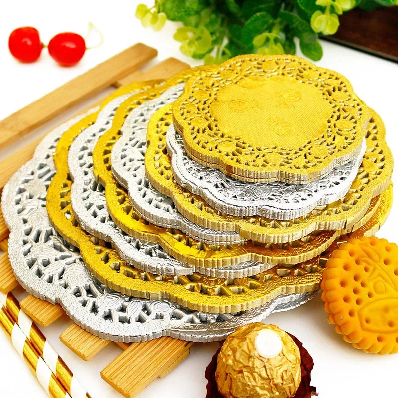 Round Paper Doilies Golden Silver Lace Kitchen Wedding Party Decorative Baking Placemat Tea Coffee Doily Handmade Pad 50pcs paper doilies