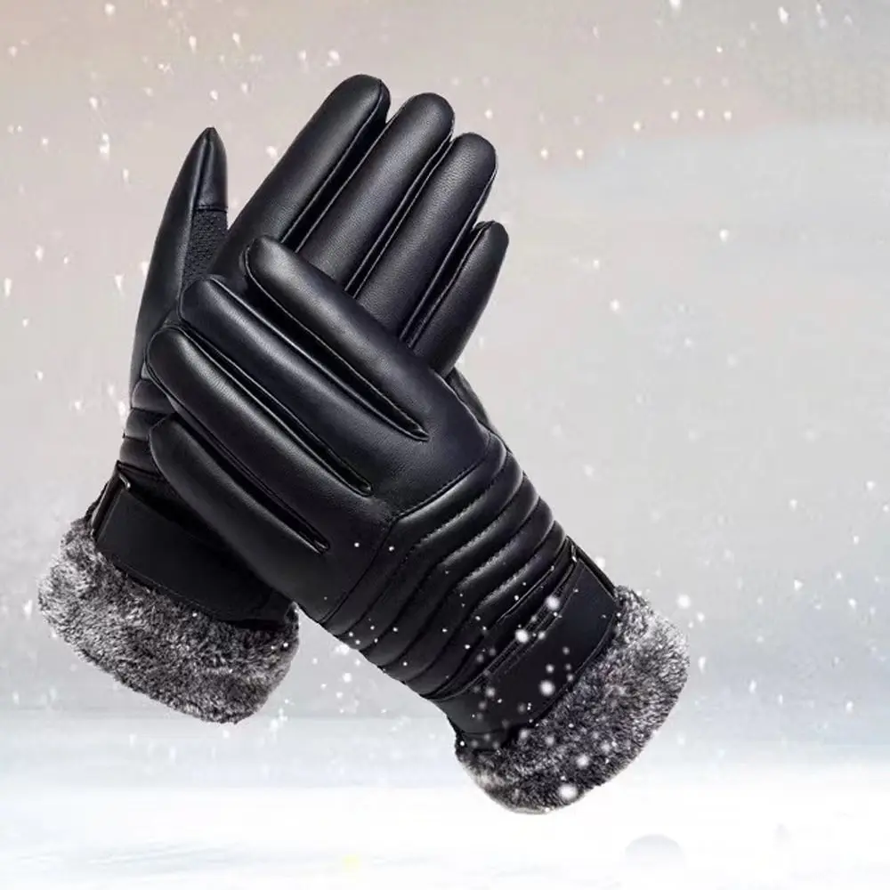 

PU Leather Warm Women Ski Gloves Anti-slip Fingers Open Touch Screen Mittens Thick Winter Autumn Full Finger Gloves