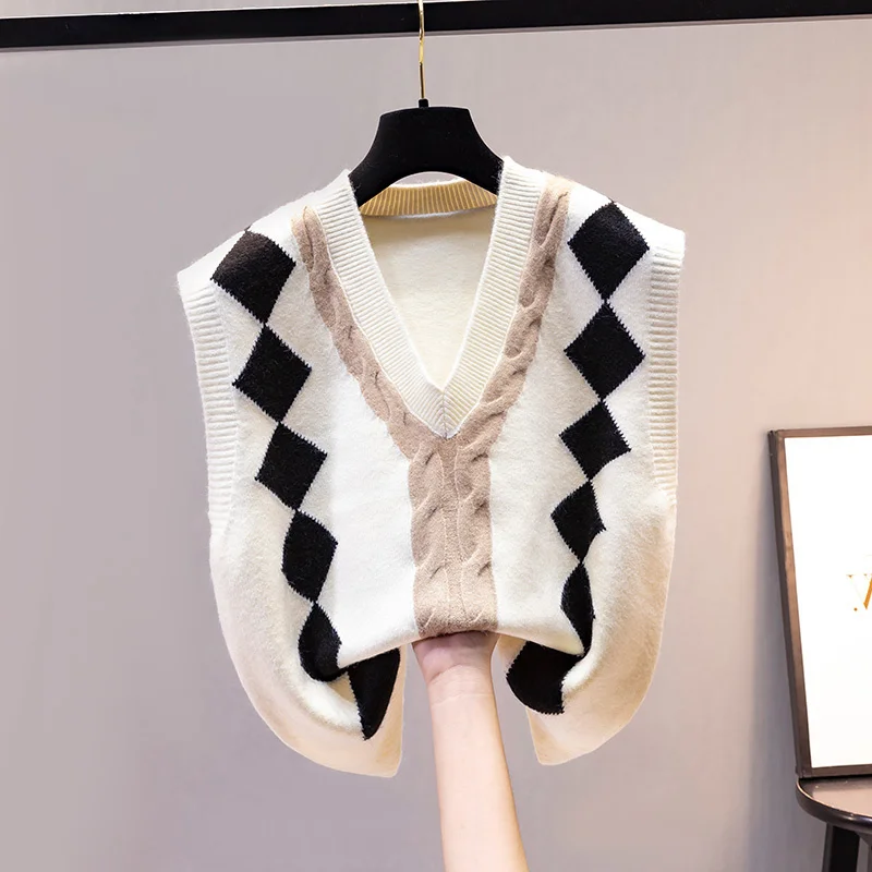 

Women V-neck Sweater Vest Vintage Diamond Knitted Female Sleeveless Casual Ribbed Pullovers Female Top 2022 Spring Chaleco Mujer