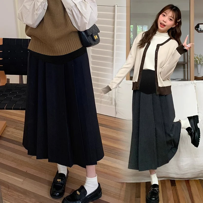 Preppy Style High Waist Maternity Belly Skirt Autumn Long Loose Design Pregnant Woman Umbrella Skirt Loose Maternity Skirts