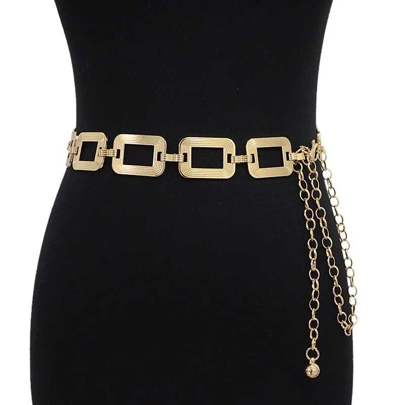 2023 Fashion Lady Gold Square Buckle Metal Waist Chain Dress Coat Sweater Suit Decoration Belts for Women Luxury Designer Brand