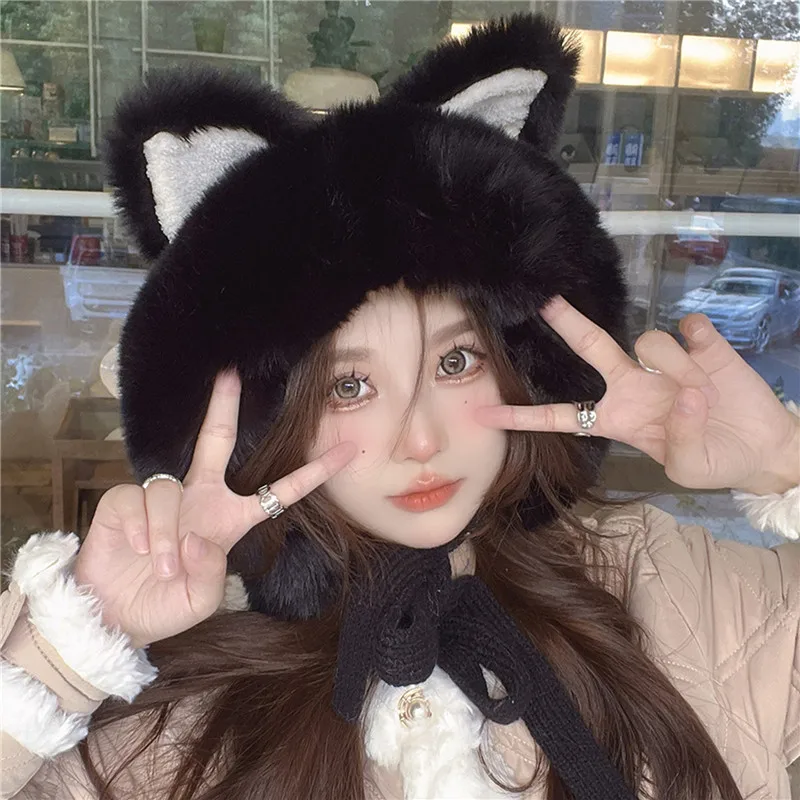 Big Ear Knitted Hat Velvet Warm Knitted Ear Protection Hat Pullover Hat Korean Cute Women's New Pink Plush Ball Hat Winter 3
