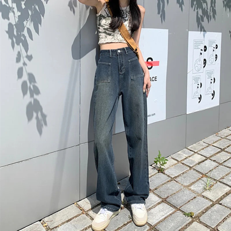 

American Retro Jeans Female Fashion Ins High Waist Leisure Loose Wide Leg Straight Trousers Korean Version Y2k Baggy Streetwear