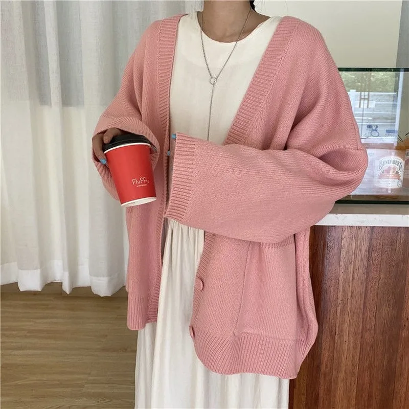 

Spring Vintage Lovely Fashion Korean Simple V-neck Ladies Knitwear Coats Loose All-match Ins Fall Winter Women Sweaters Cardigan