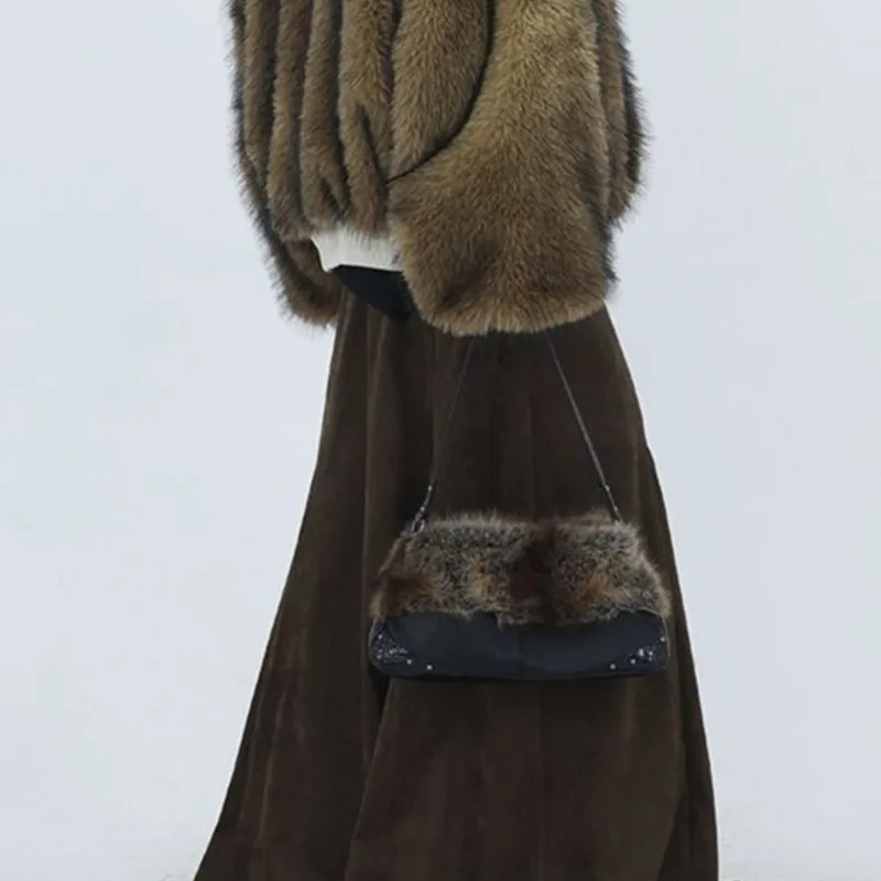 JIAERDI Harajuku Plush Black Shoulder Bags Purse Women Subculture Underarm Bag Y2k Hot Girls Vintage Handbag Wallet Aesthetic