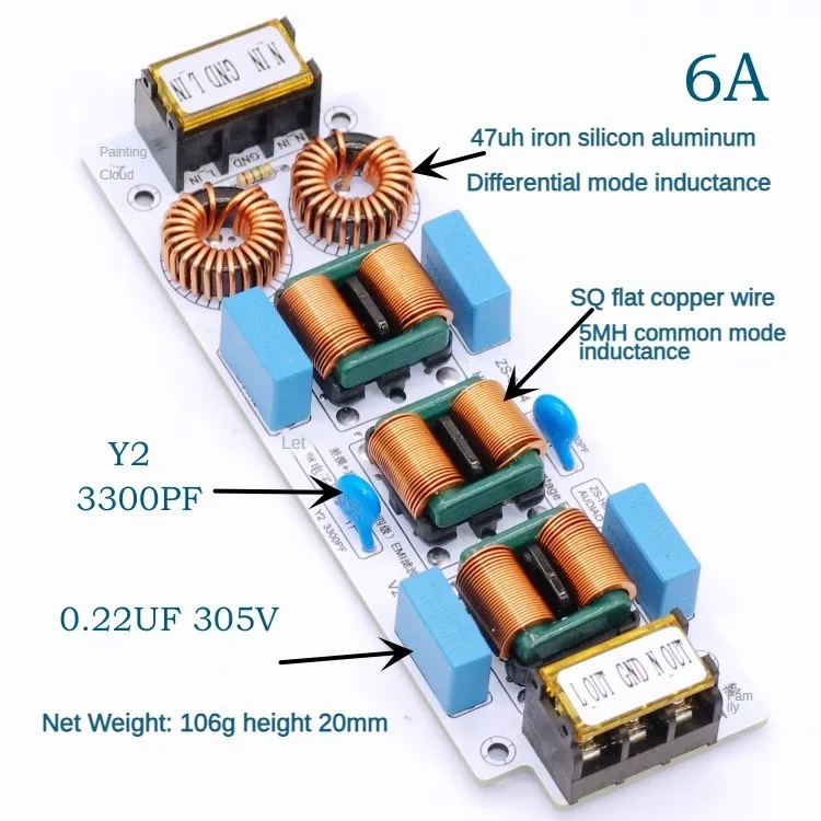 6A 10A Ultra thin Four Stage EMI Electromagnetic Interference Filter Suppressor Power EMC Audio Amplifier AC110V-250V
