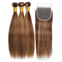 Mèches naturelles lisses à reflets 12A, avec Closure, blond miel, 100% cheveux bruts vierges birmans 2