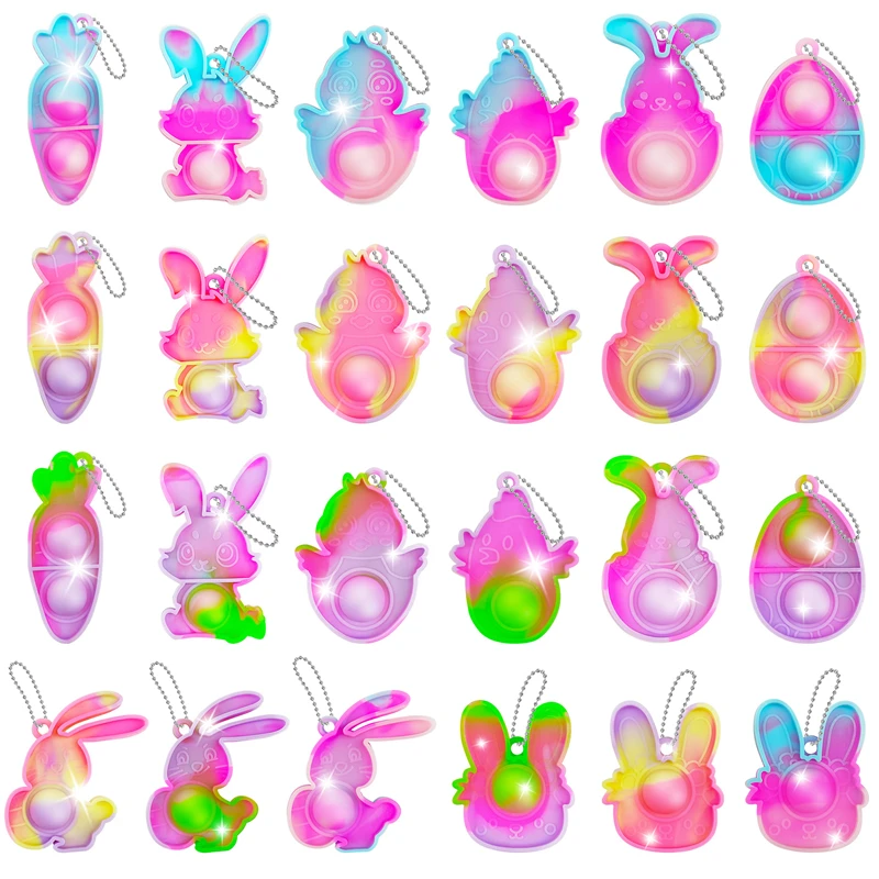 10/20Pcs Mini Pop Keychain Easter Rabbit Carrot Egg Ornaments Easter Party Basket Stuffers Kids Boy Girl Birthday Party Favors