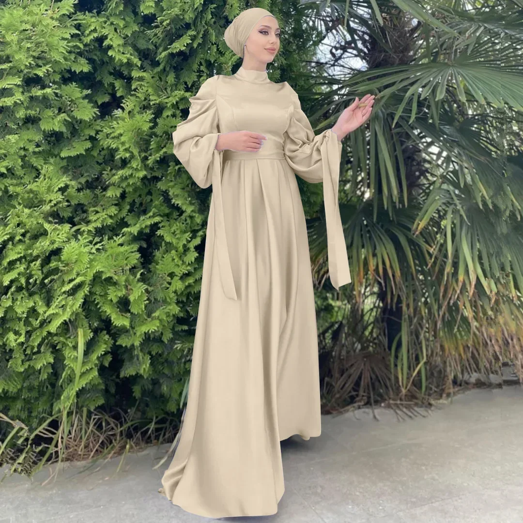 Modest Muslim Islamic Satin Long Dresses for Women Arabic Abaya Dubai Balloon Sleeve with Ribbon Eid Evening Turkish Hijab Dress