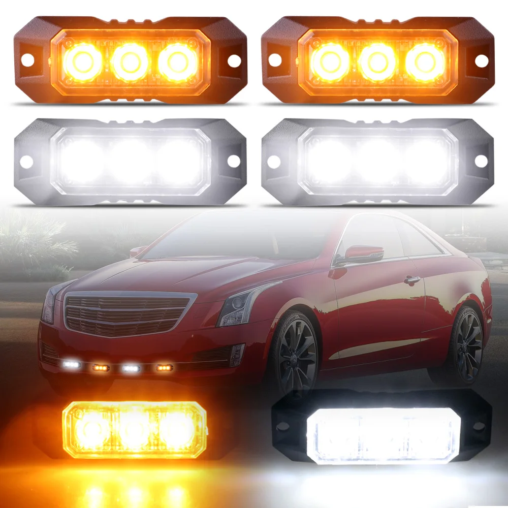 4PCS 3-LED Strobe Warning Light Mini Grille Flashing Lightbar For Car Vehicle Amber Flashing Light Emergency Hazard Beacon Lamp