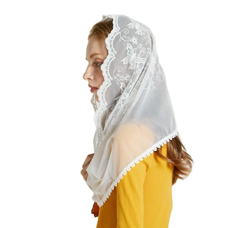 

Leo anvi Light Ivory white black butterfly Embroidered Lace scarf Vintage Infinity Veil Chapel Veil Mantilla Latin Mass