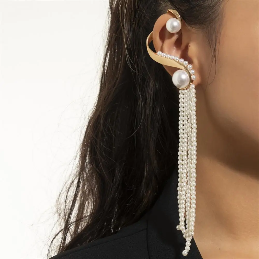 2022 New Ear Clips Long Tassel Dangle Earring Pearl Crystal Drop