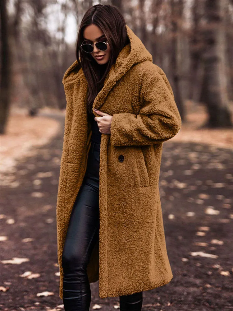 

Women Luxury Faux Fur Coat Teddy Fleece Hooded Robe Sherpa Fluffy Chic Cardigan Winter Plush Overcoat