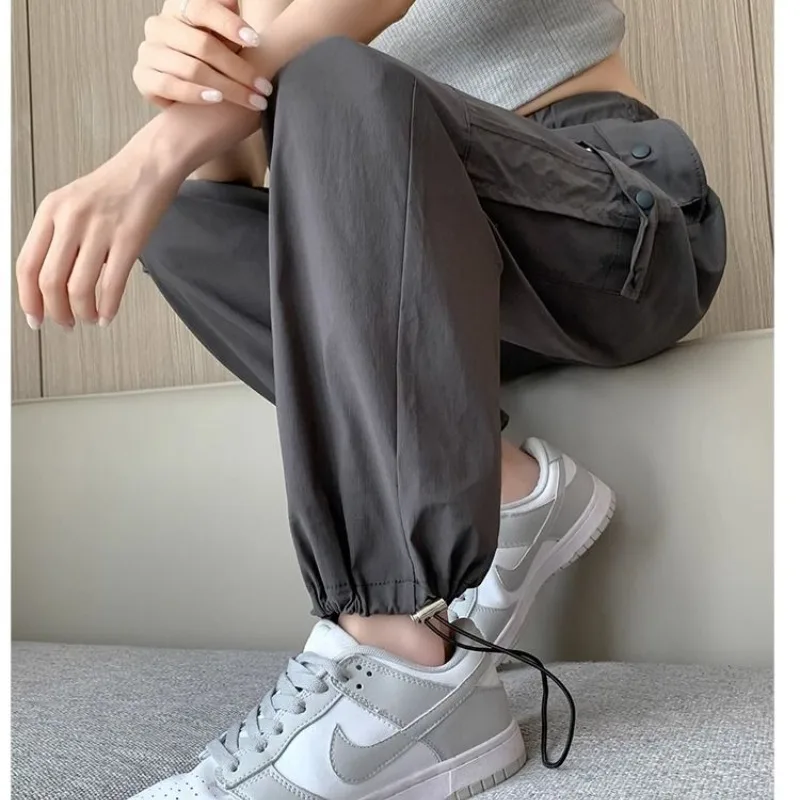 Women's Solid Pockets Spring Autumn High Waisted Buttons Elastic Ankle Tied Lanterns Harlan Casual Workwear Trousers Pants