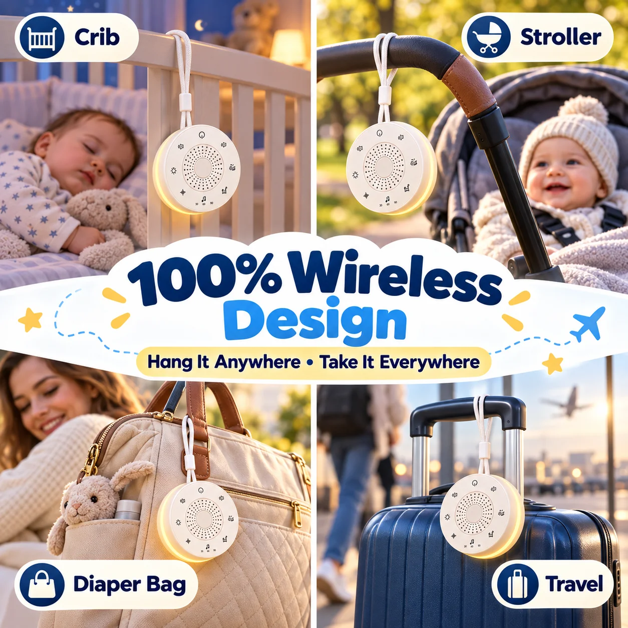 Portable White Noise Sleep Soother with Night Light - 30 Calming Sounds, Rechargeable, Timer & Child Lock Features