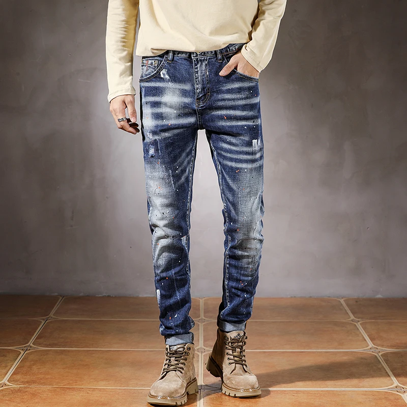 

Brand Jeans Men Motocycle Slim Straight Painting Blue Stretch Hip Hop Distressed Fashion Streetwear Ripped Biker Jeans for Man