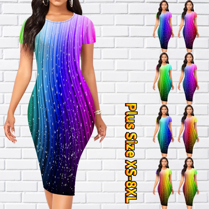 

New Women's Dress Fashion Short Sleeve Print Dress Summer Round Neck Casual Knee Length Dress 2023 Women's Slim Fit Dress 8XL