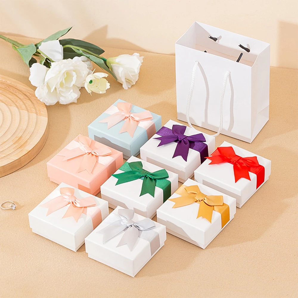 20Pcs White Jewelry Box with Bow DIY Necklaces Rings Earrings Bracelet Case Grey Sponge Weddings Valentine'day Gift For Girl
