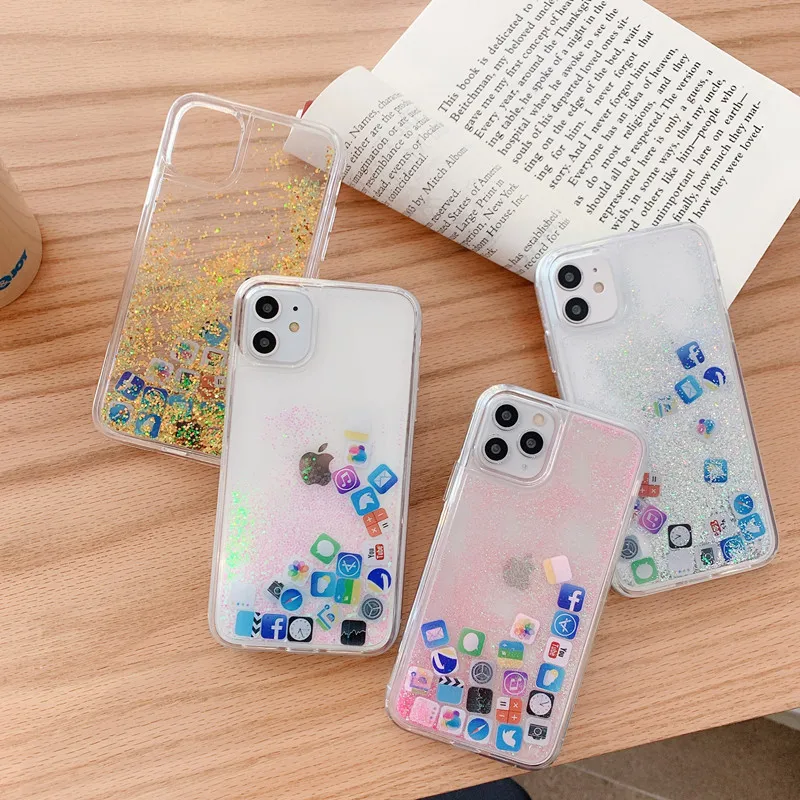 Creative App Icon Quicksand Custodia Per Telefono Per Iphone 15 14 15Pro Max 13 Pro 12 Mini 11 Xs Glitter Dynamic Liquid Hard Pc Cover Posteriore